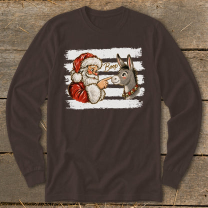 Santa pointing at a donkey with the word "Boop" on a striped background.