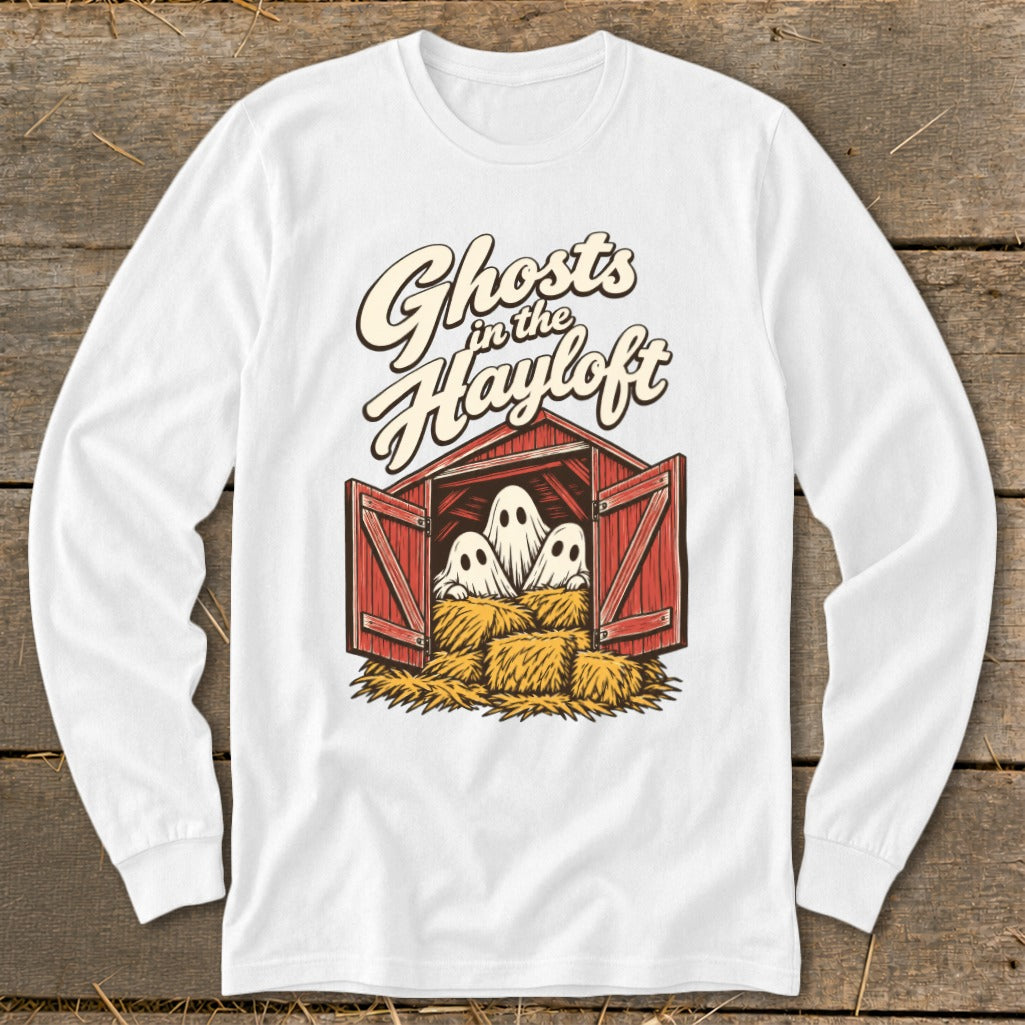 White long-sleeve shirt with "Ghosts in the Hayloft" graphic featuring three ghosts in a barn.