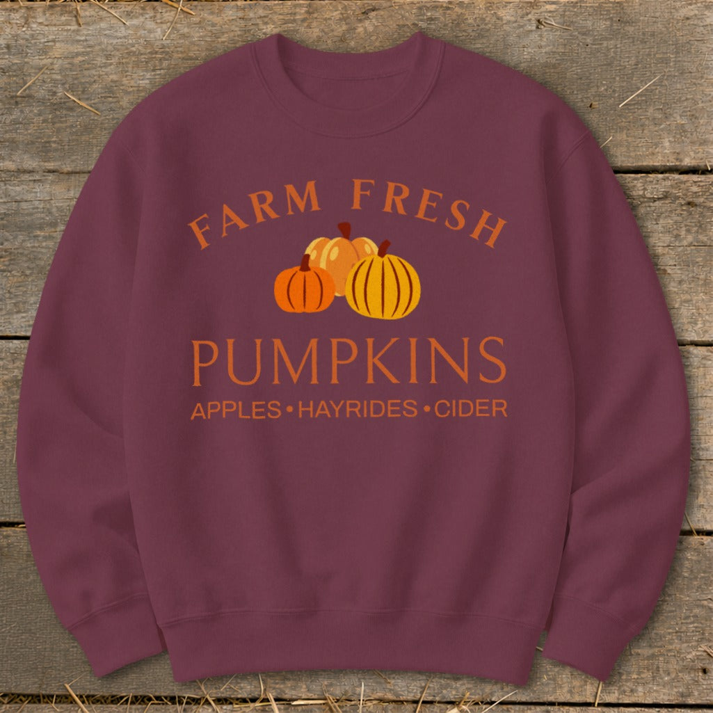 Maroon sweatshirt with "Farm Fresh Pumpkins" and harvest activities text.