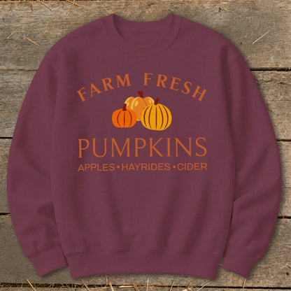 Maroon sweatshirt with "Farm Fresh Pumpkins" and harvest activities text.