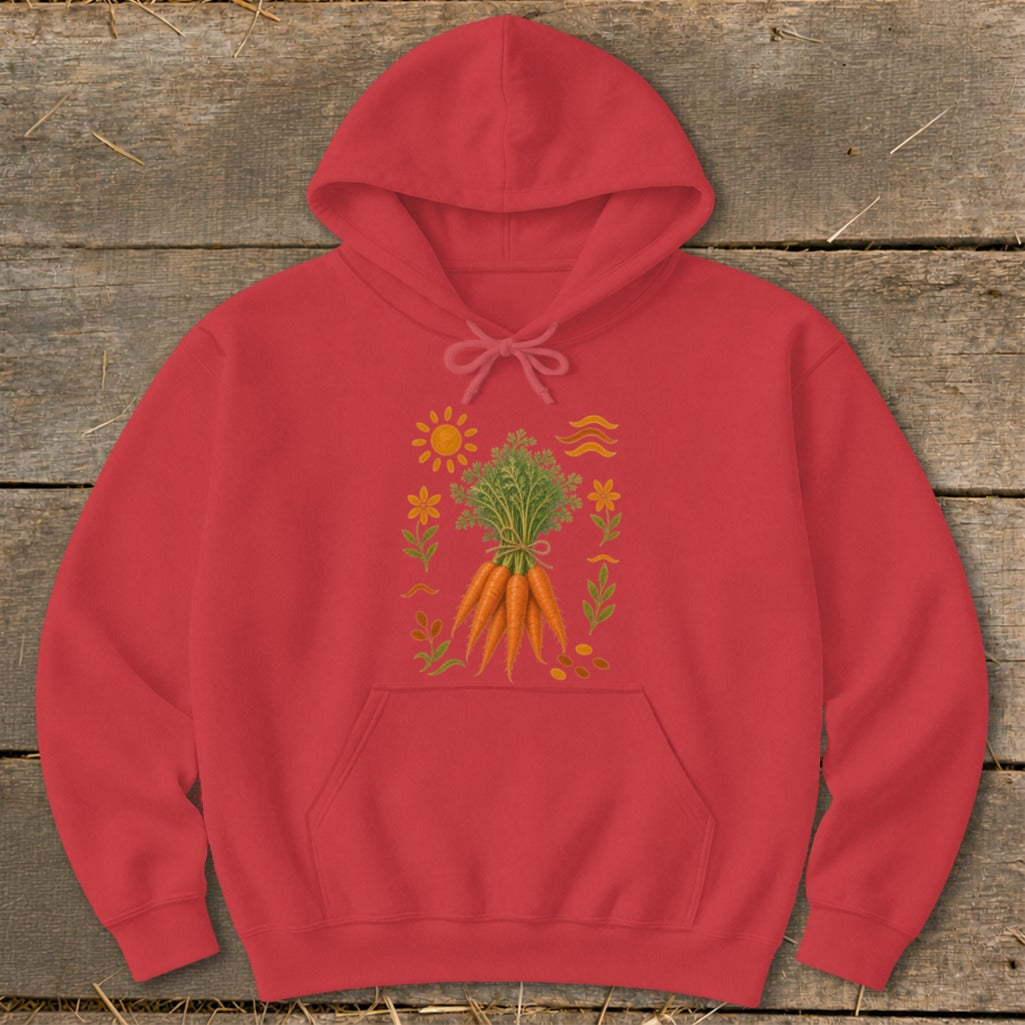 Red hoodie with a graphic of a bunch of carrots surrounded by sun, flowers, and wavy lines.