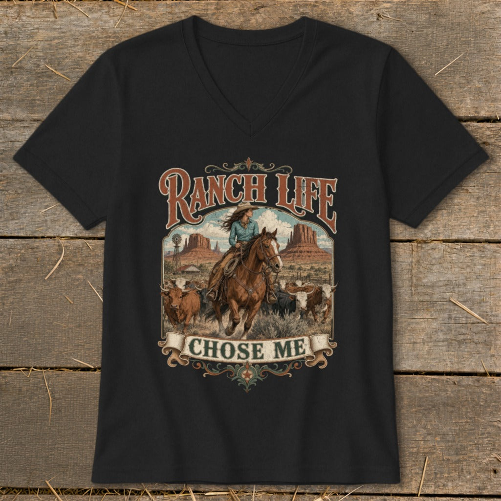 Black t-shirt with vintage "Ranch Life Chose Me" graphic featuring a woman on horseback.