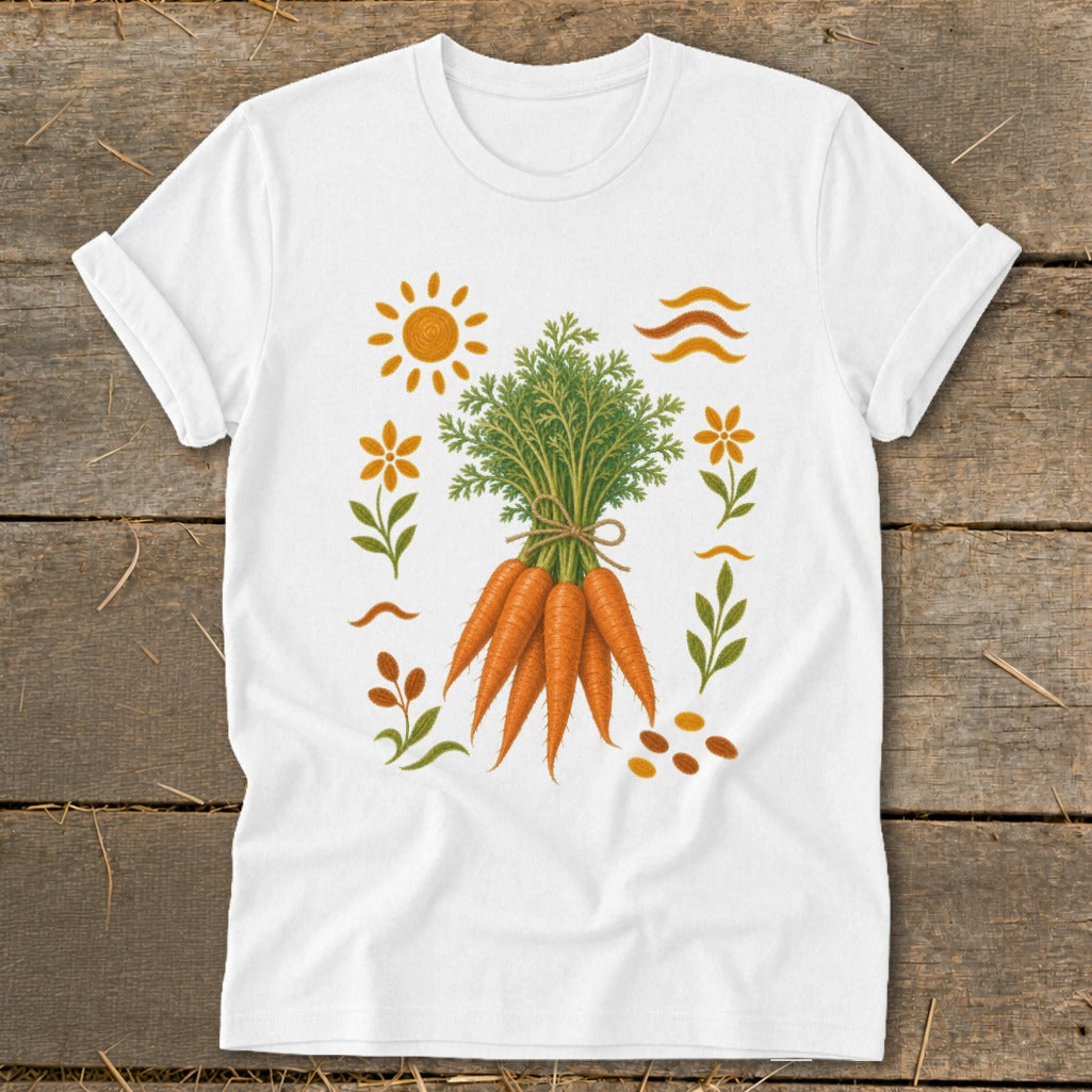 White t-shirt with illustration of a bunch of carrots surrounded by sun, flowers, and leaves.