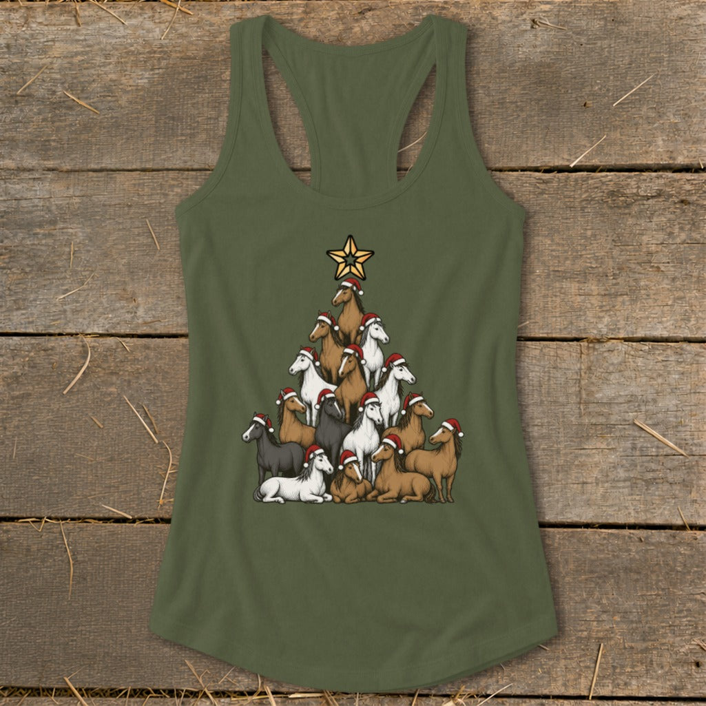 Green tank top with a Christmas tree made of horses wearing Santa hats.