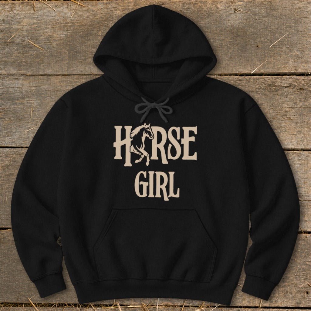 Black hoodie with "HORSE GIRL" text and a horse silhouette graphic.
