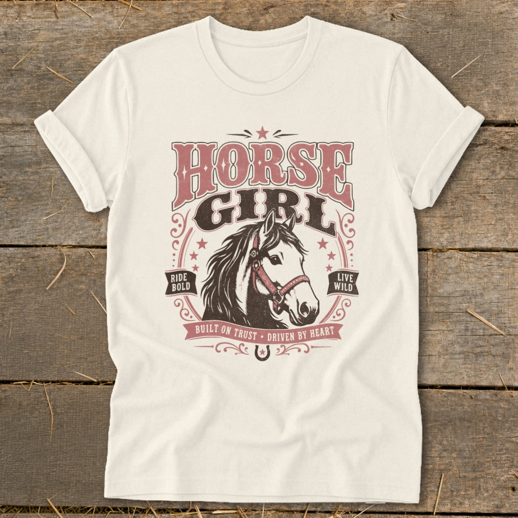 T-shirt with "Horse Girl" text, horse head, and western-style graphic elements.