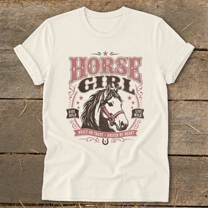 T-shirt with "Horse Girl" text, horse head, and western-style graphic elements.