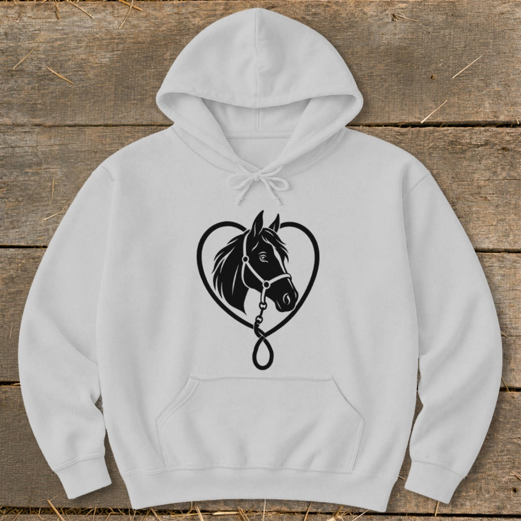 A light gray hooded sweatshirt featuring a black graphic of a horse head inside a heart.