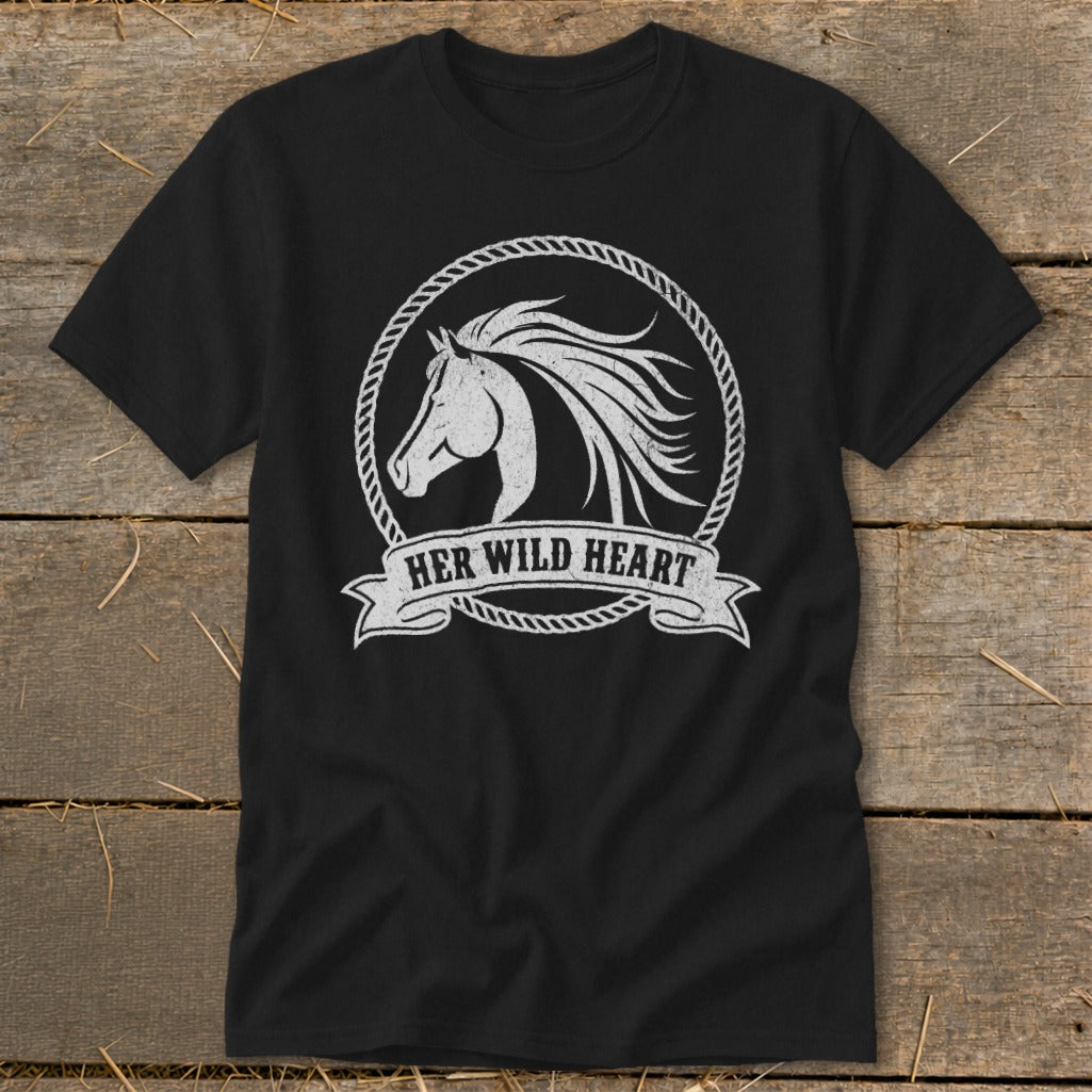Black t-shirt with white graphic of a horse head inside a rope circle and banner that reads "HER WILD HEART."