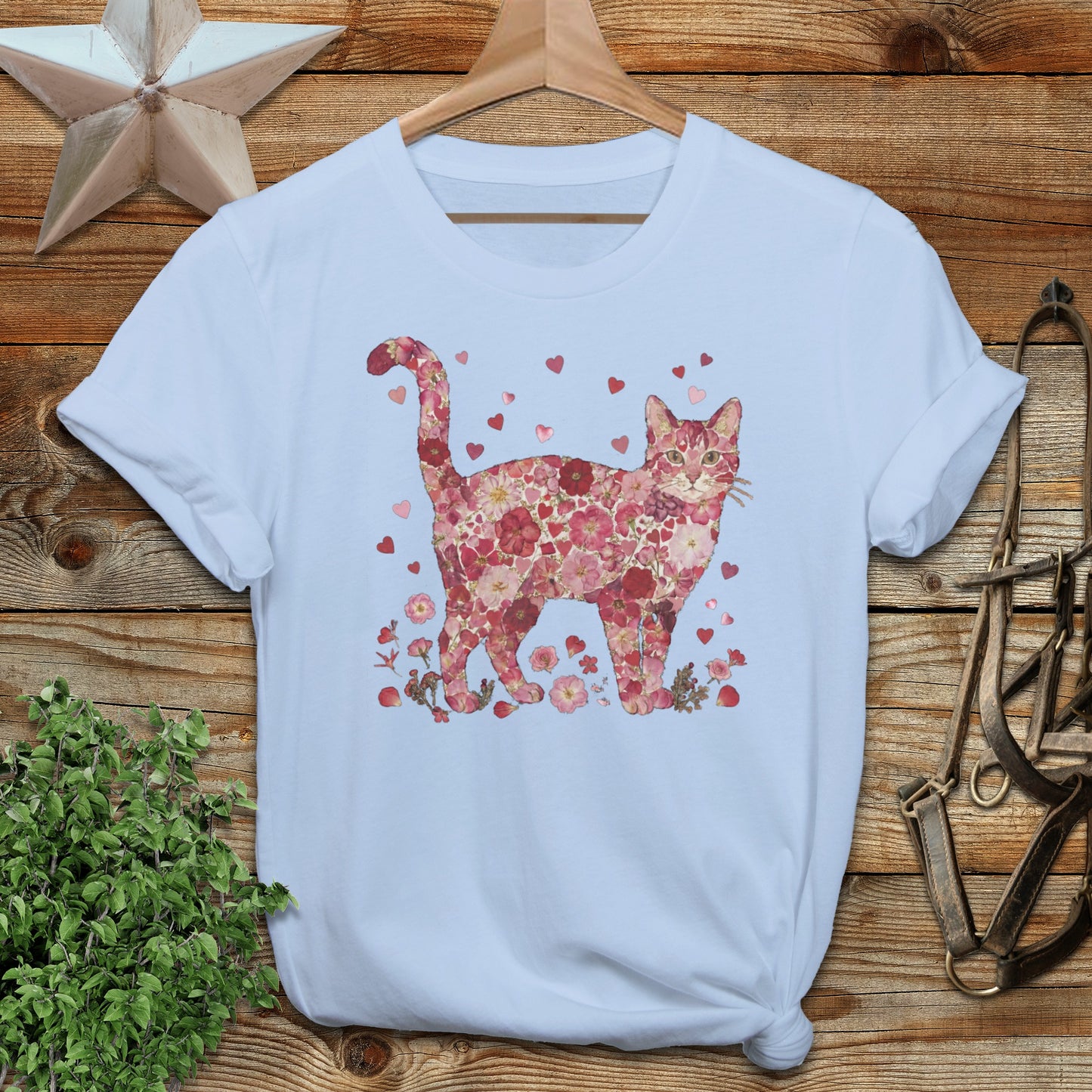 Floral Cat with Hearts Graphic Tee Shirt Product