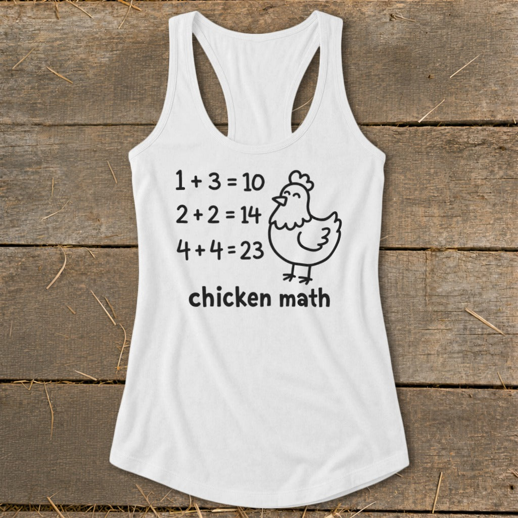 White tank top with "chicken math" graphic featuring incorrect math equations and a chicken.