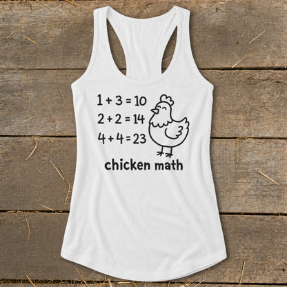 White tank top with "chicken math" graphic featuring incorrect math equations and a chicken.