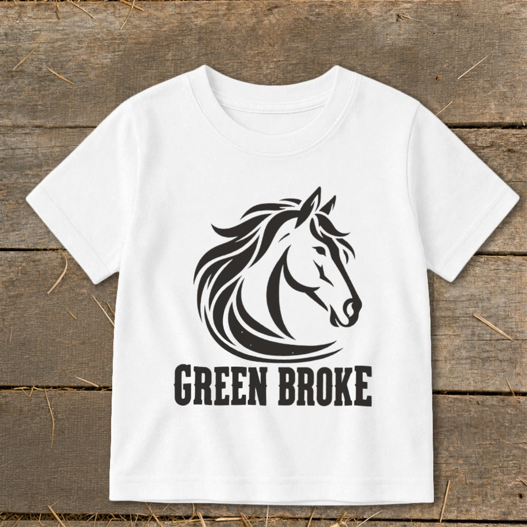 A white short-sleeved t-shirt featuring a black graphic of a horse's head and the text GREEN BROKE.