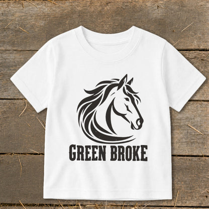 A white short-sleeved t-shirt featuring a black graphic of a horse's head and the text GREEN BROKE.