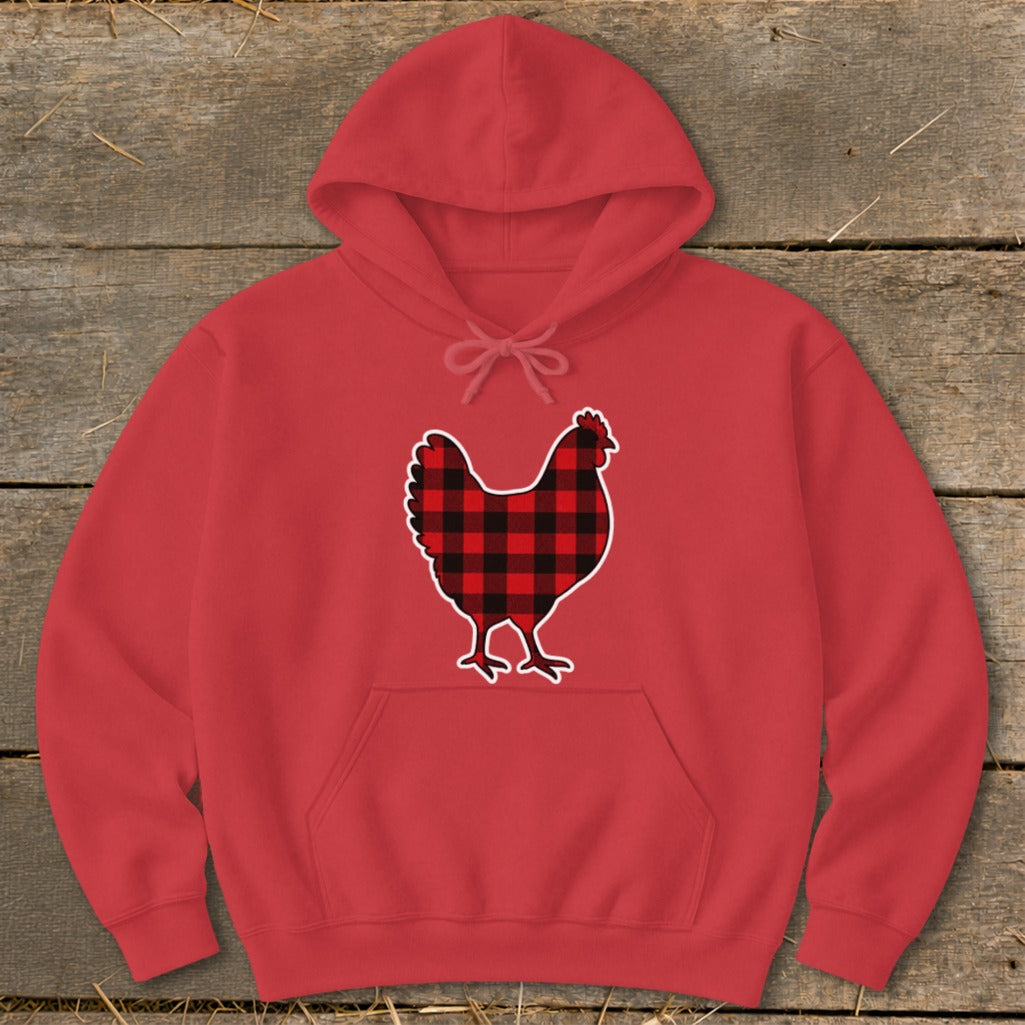 Red hoodie with a black and red buffalo plaid chicken silhouette graphic.