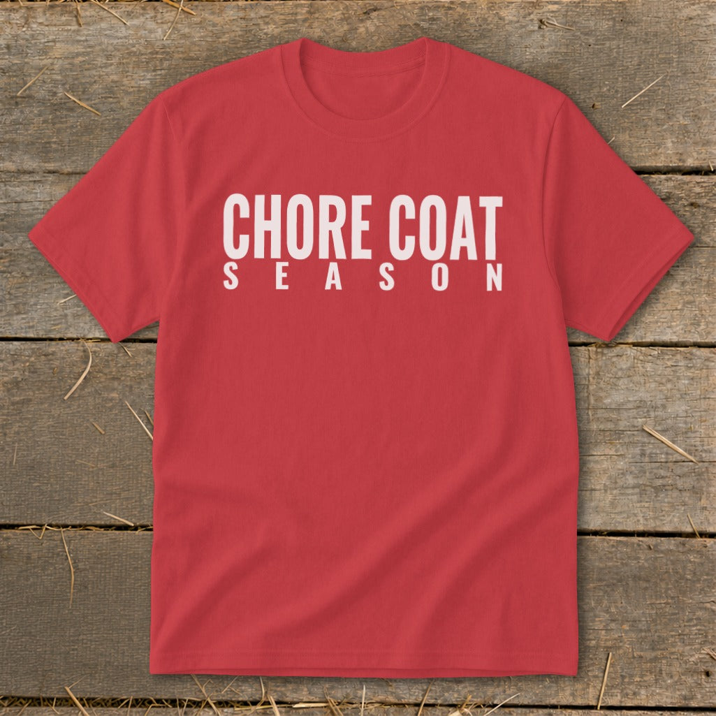 Red t-shirt with "CHORE COAT SEASON" text in white.