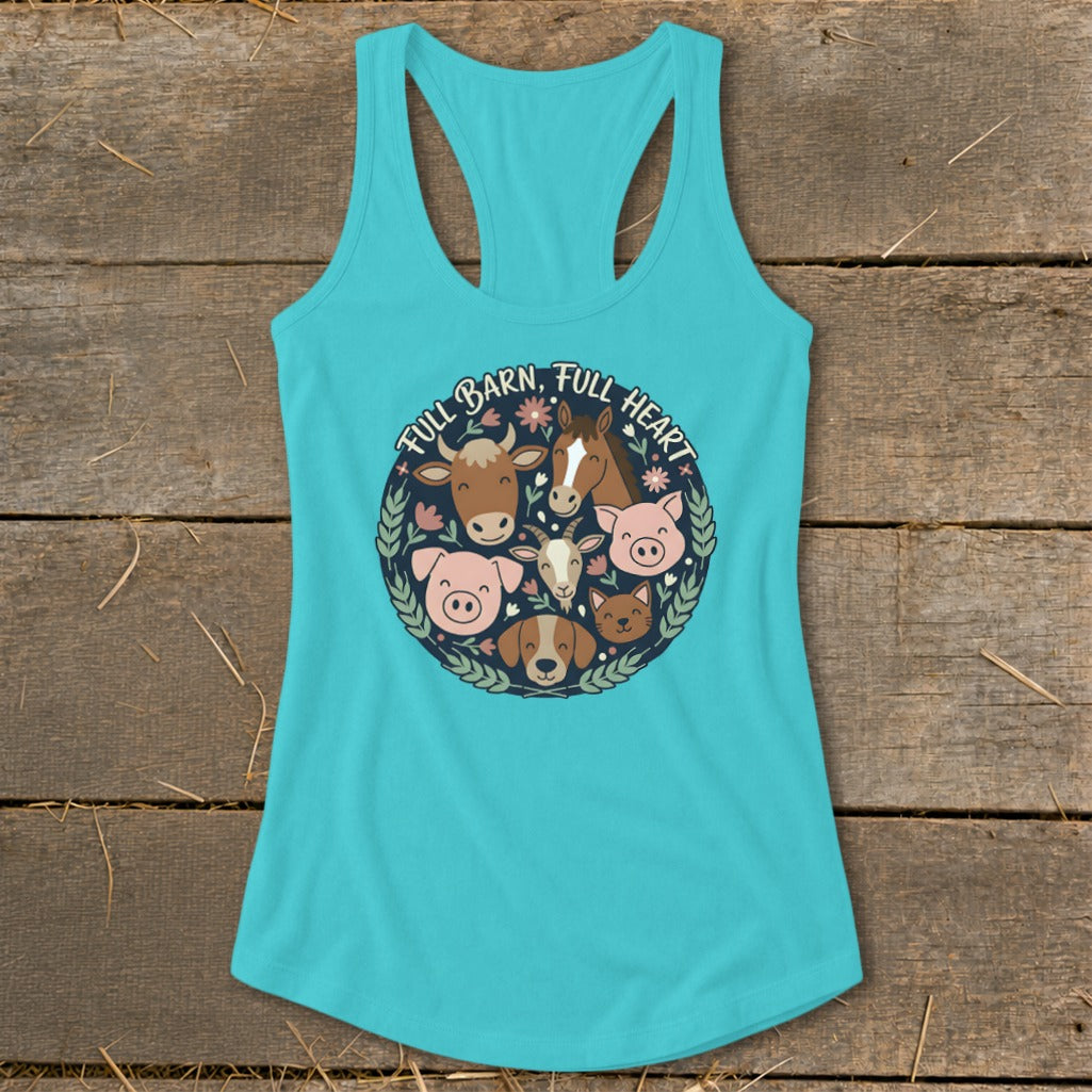 Turquoise tank top with circular farm animal graphic and "Full Barn, Full Heart" text.