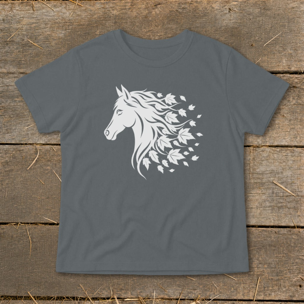 Gray t-shirt with white horse head design with flowing mane of leaves.