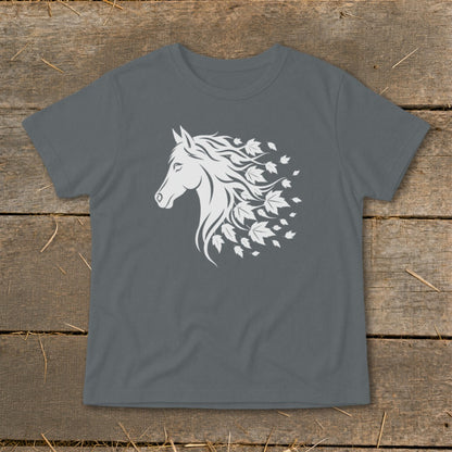 Gray t-shirt with white horse head design with flowing mane of leaves.