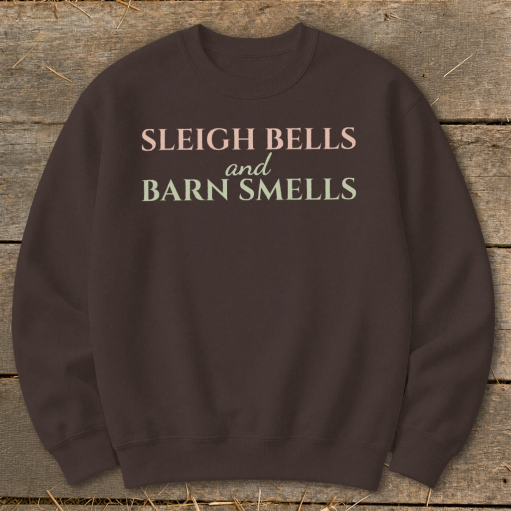 Brown sweatshirt with "Sleigh Bells and Barn Smells" text in pink and green.