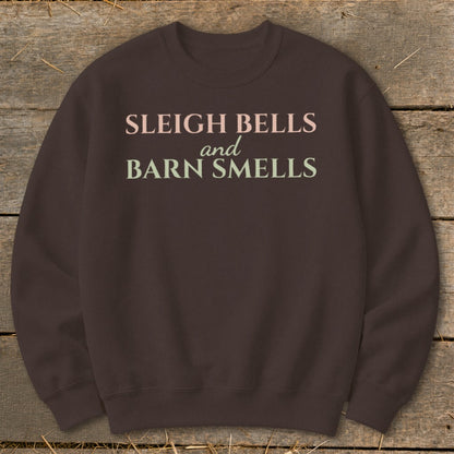 Brown sweatshirt with "Sleigh Bells and Barn Smells" text in pink and green.
