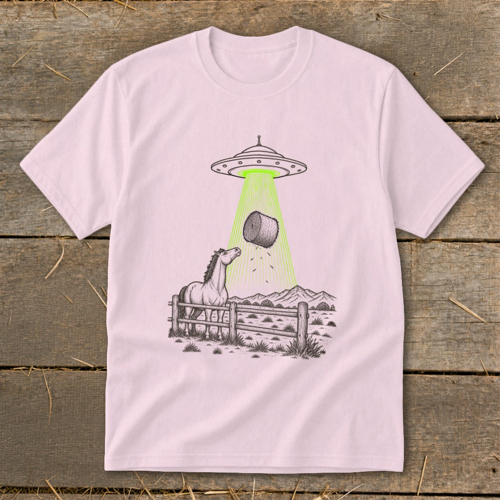 Illustration of a UFO beaming up a hay bale above a curious horse.