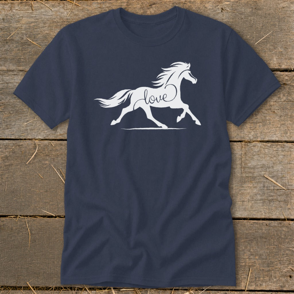 Navy t-shirt with white graphic of a running horse and the word "love".