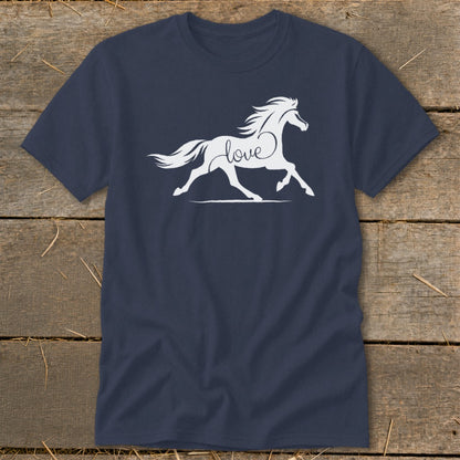 Navy t-shirt with white graphic of a running horse and the word "love".