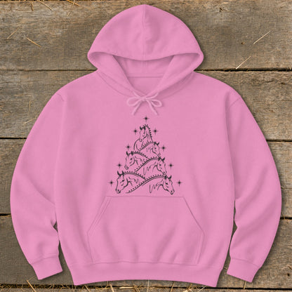 Pink hoodie with a black horse tree graphic and stars.