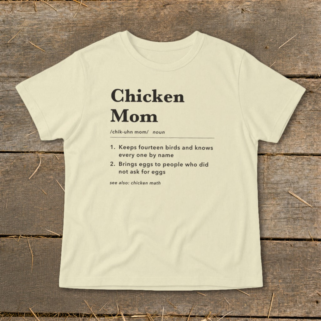 Cream t-shirt with "Chicken Mom" definition text.