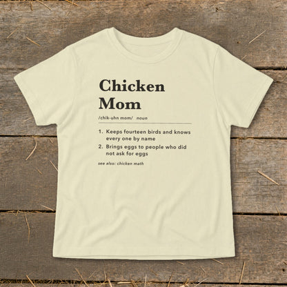 Cream t-shirt with "Chicken Mom" definition text.