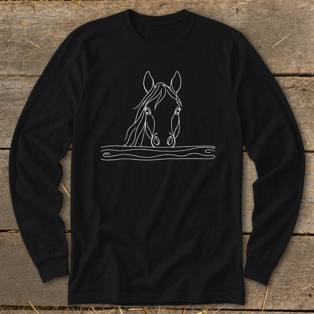 Black long-sleeve shirt with white minimalist horse head outline graphic.