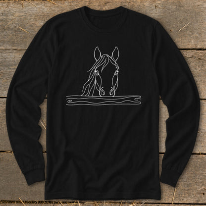 Black long-sleeve shirt with white minimalist horse head outline graphic.