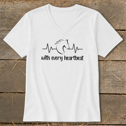 White v-neck t-shirt with horse head silhouette over a heartbeat line and text.