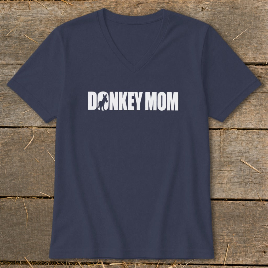 Navy blue V-neck t-shirt with white text reading DONKEY MOM featuring a donkey silhouette.