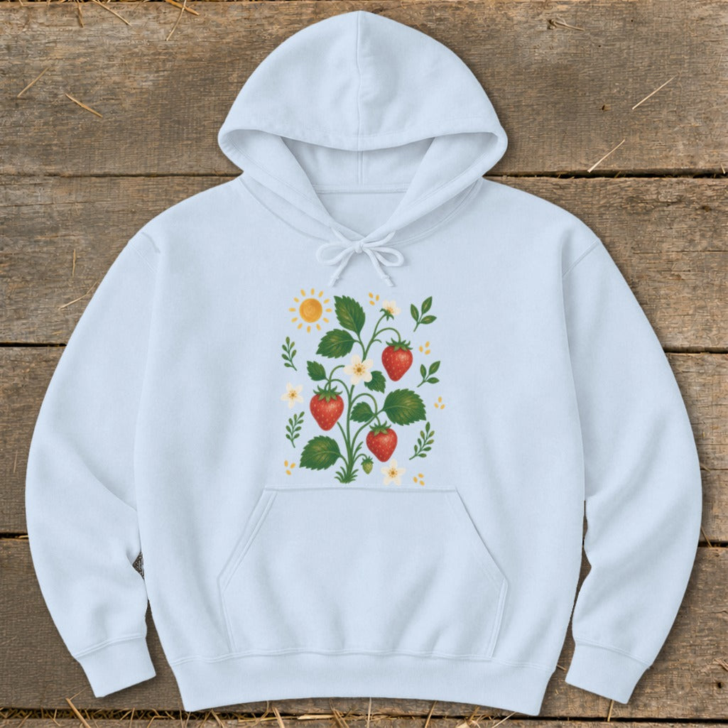 Light blue hoodie with a whimsical strawberry plant and sun graphic design.