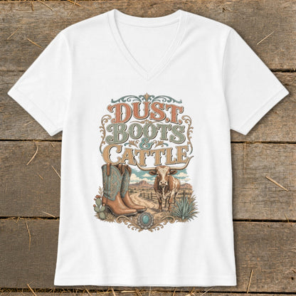 White t-shirt with vintage "Dust Boots & Cattle" graphic featuring boots, cow, and desert scene.