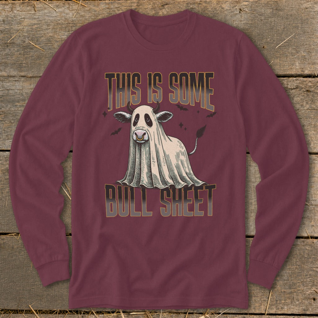 Long-sleeve shirt with ghost cow illustration and text "THIS IS SOME BULL SHEET".