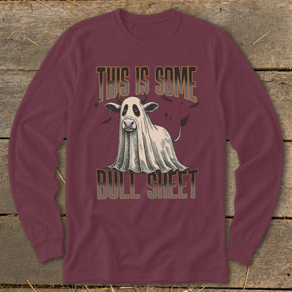 Long-sleeve shirt with ghost cow illustration and text "THIS IS SOME BULL SHEET".
