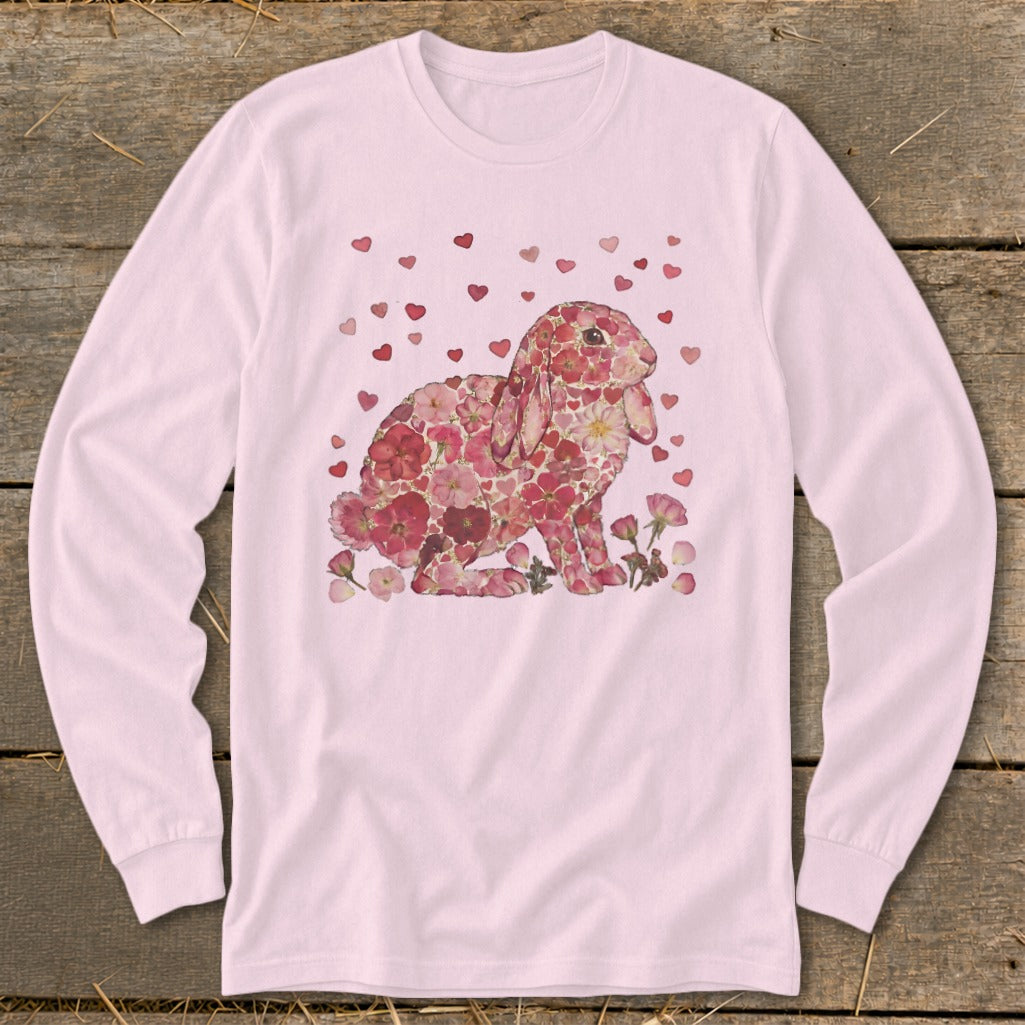 Pink long-sleeve shirt with a rabbit made of pink flowers and scattered hearts.