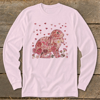 Pink long-sleeve shirt with a rabbit made of pink flowers and scattered hearts.