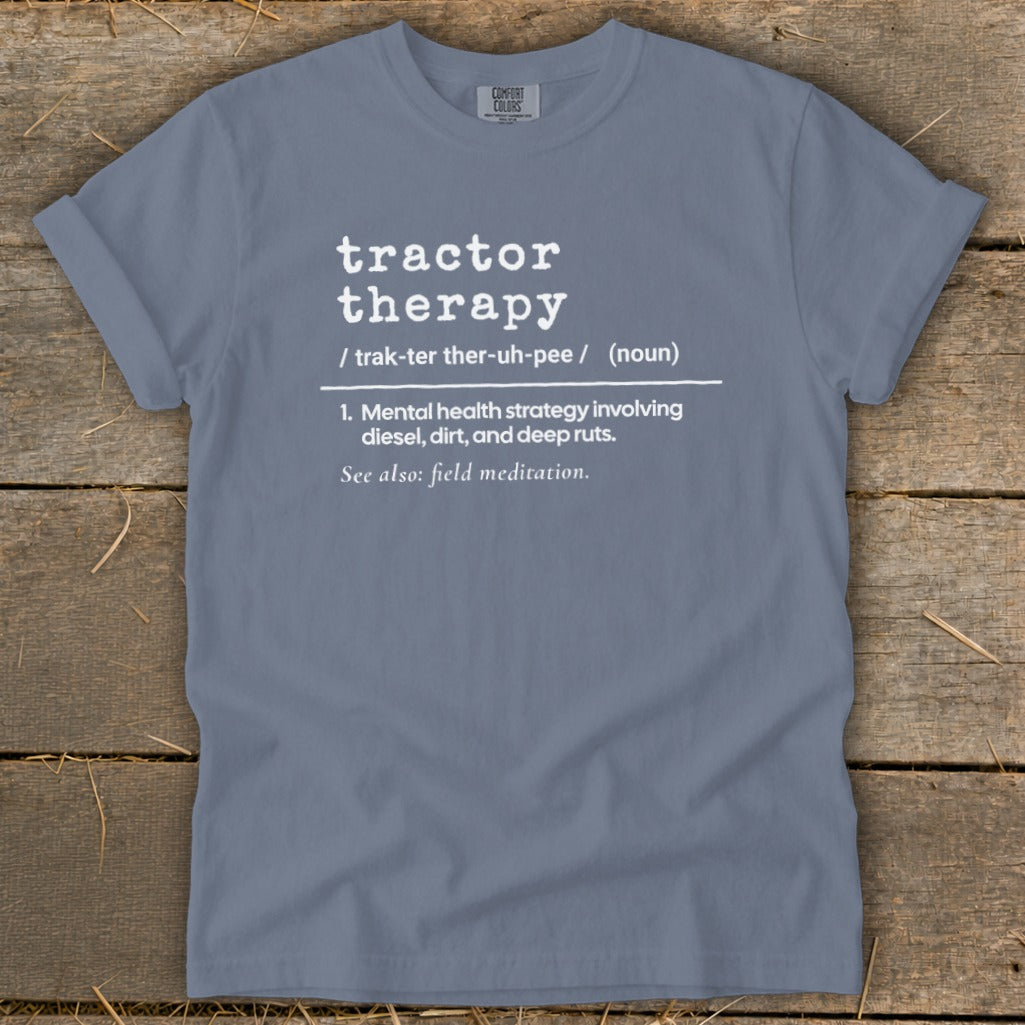 Gray t-shirt with "Tractor Therapy" definition printed in white.