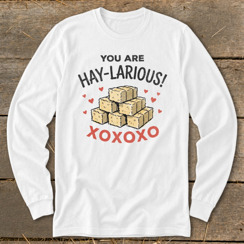 White long-sleeve shirt with hay bales and "YOU ARE HAY-LARIOUS!" and "XOXOXO".