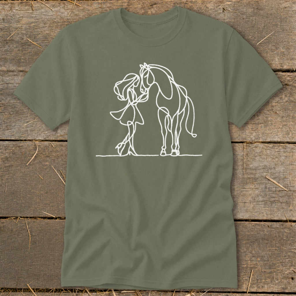 Girl nuzzles horse in single-line drawing on olive green t-shirt.