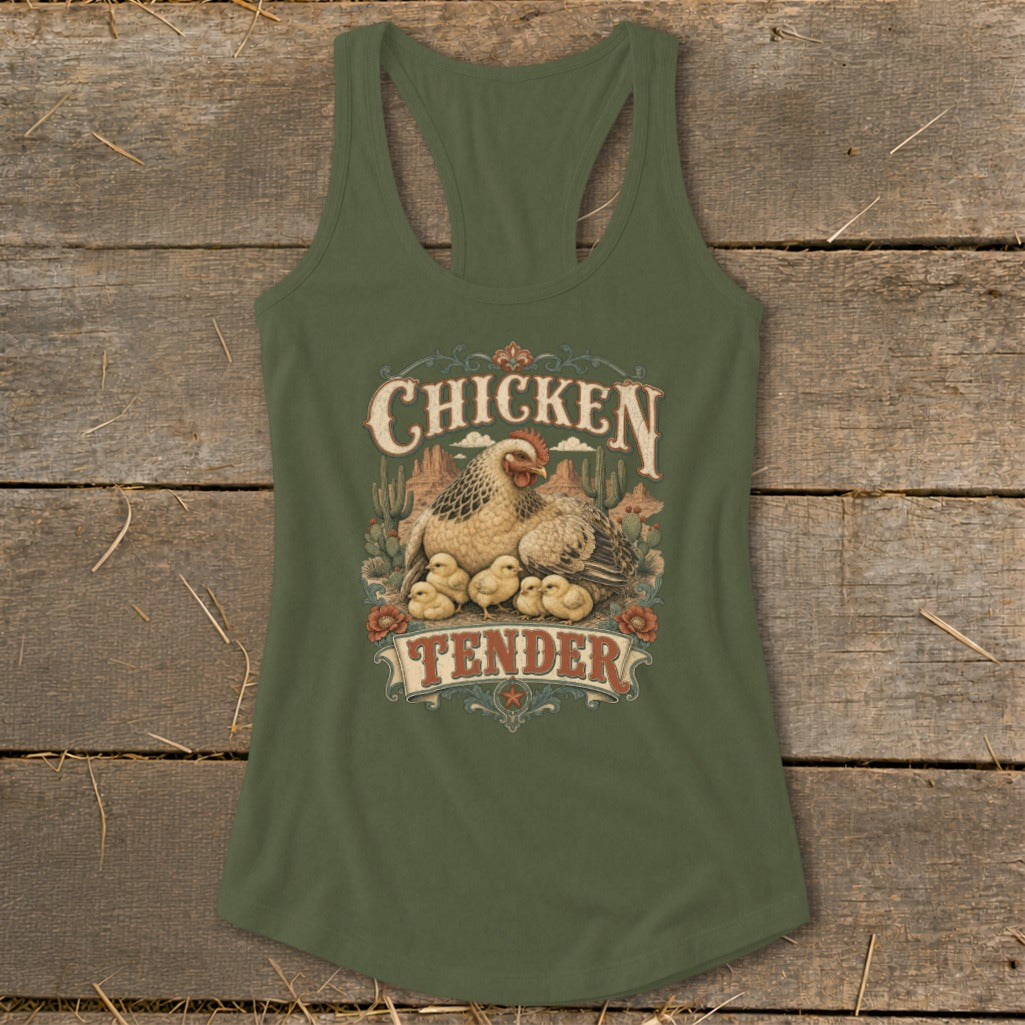 Olive green racerback tank top featuring a graphic of a hen with chicks and the text CHICKEN TENDER.