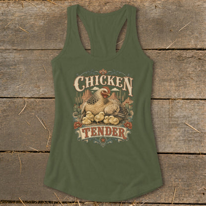 Olive green racerback tank top featuring a graphic of a hen with chicks and the text CHICKEN TENDER.