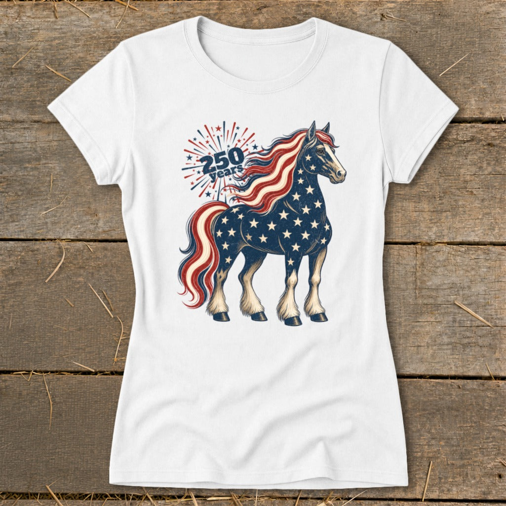 White t-shirt with a patriotic horse graphic and "250 years" text.