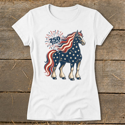 White t-shirt with a patriotic horse graphic and "250 years" text.