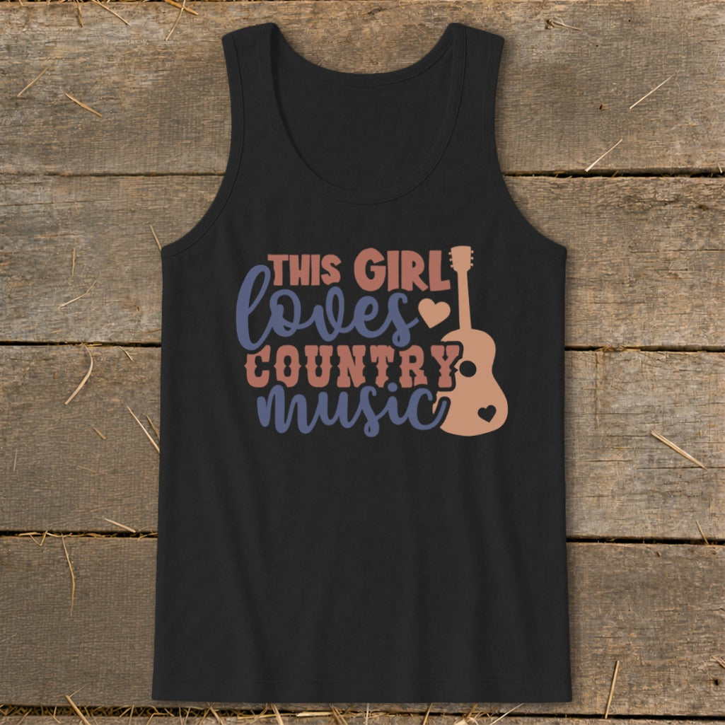 Black tank top with "This Girl Loves Country Music" text and guitar graphic.
