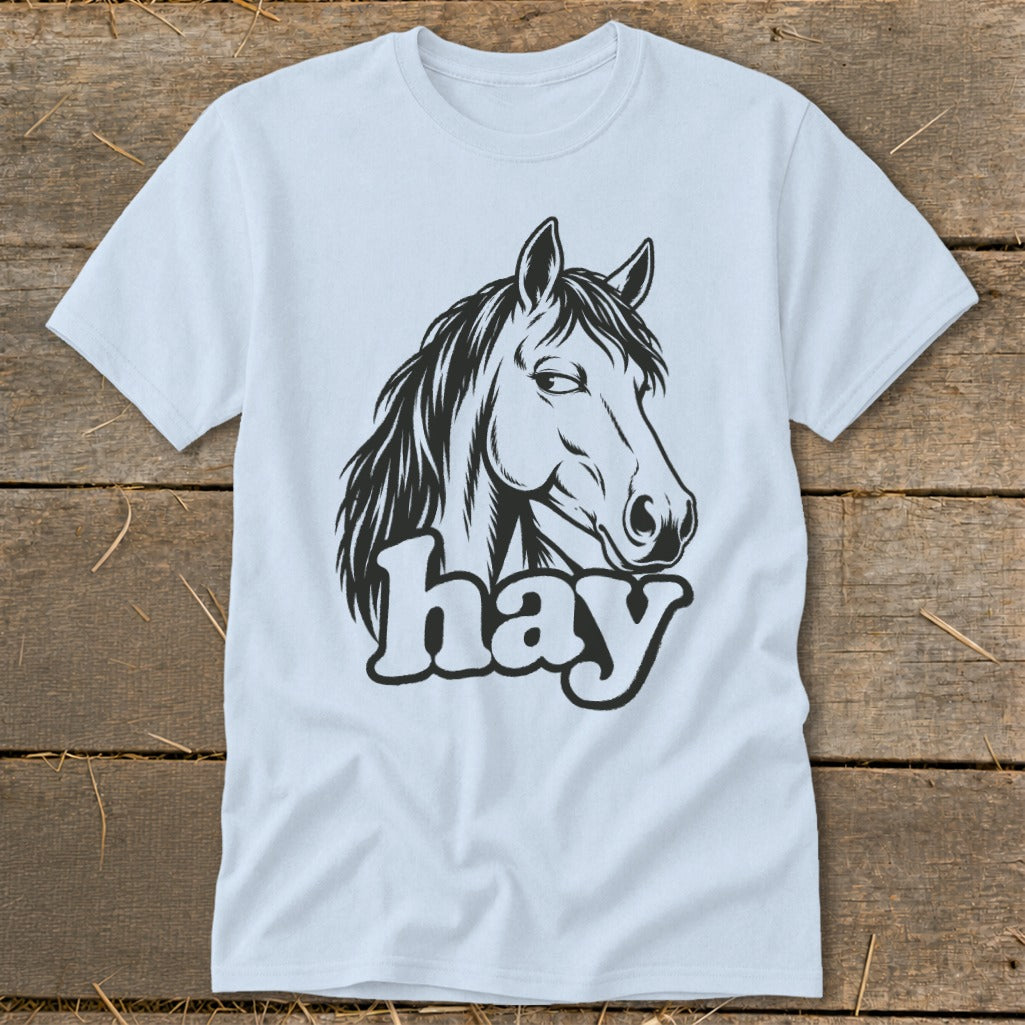 Light blue t-shirt with black graphic of a horse head and the word "hay".